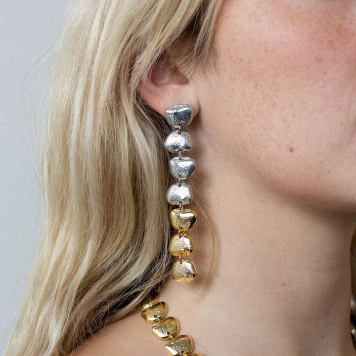 oreille de femme avec une Boucle d'oreilles Yolène argentée et or  par Anne-Marie Chagnon