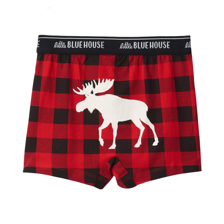 Boxer pour enfant à carreaux rouge et noir avec un orignal sur le derrière par Hatley