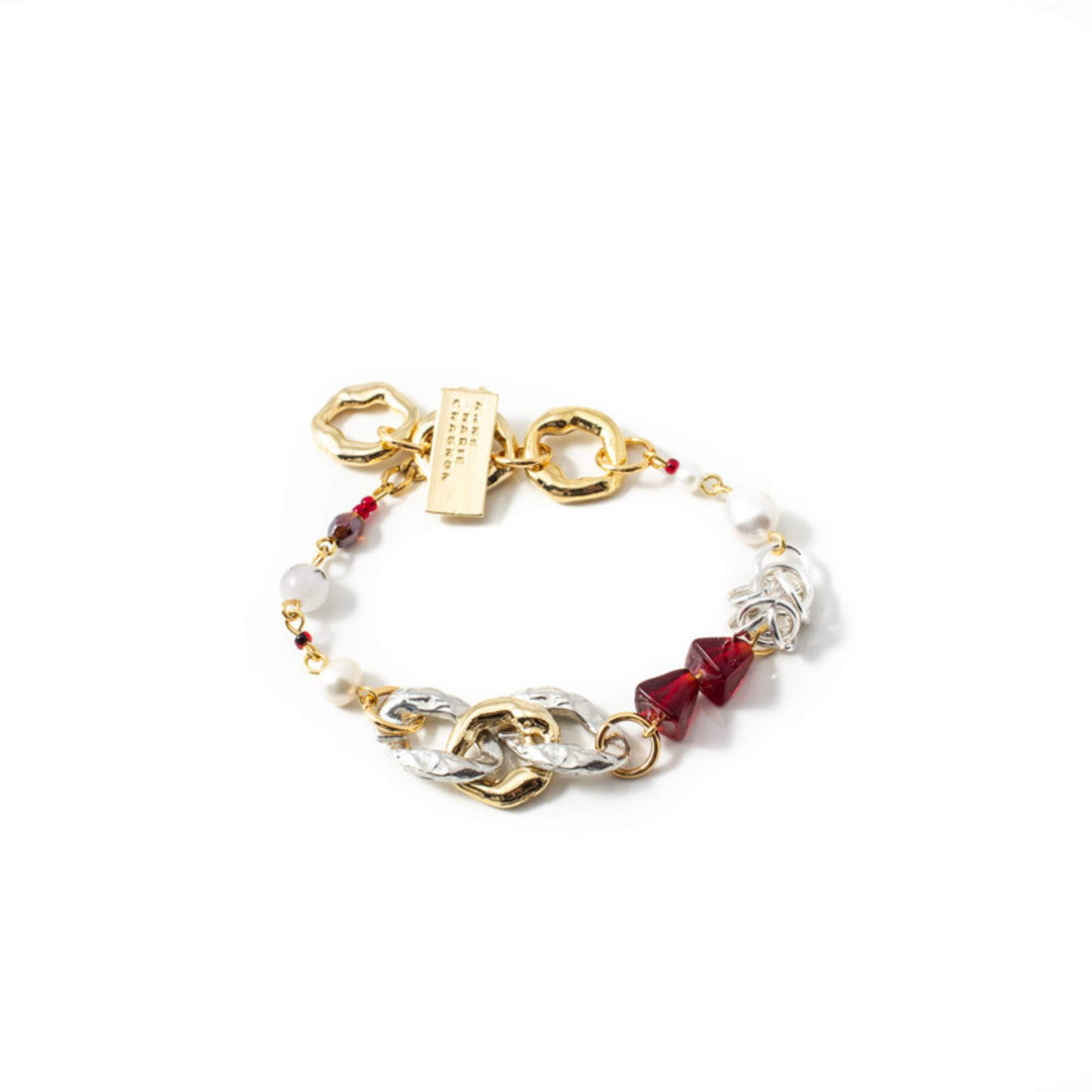 Bracelet Anne-Marie Chagnon immey perles, billes rouges et anneaux argentés et dorés