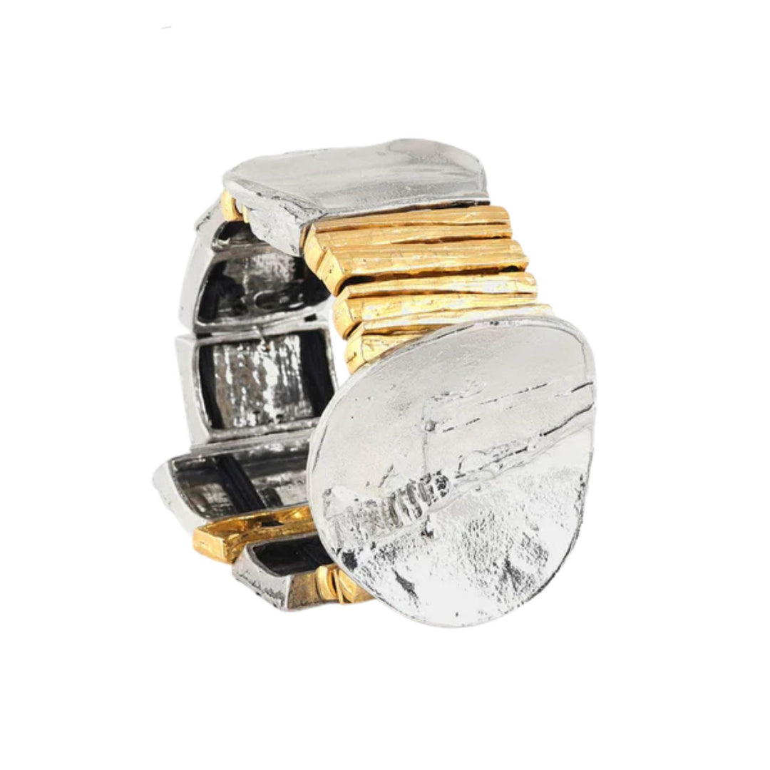 Bracelet en étain avec plaqué or et cercle argenté Wimia par Anne-Marie Chagnon tourné vers la droite