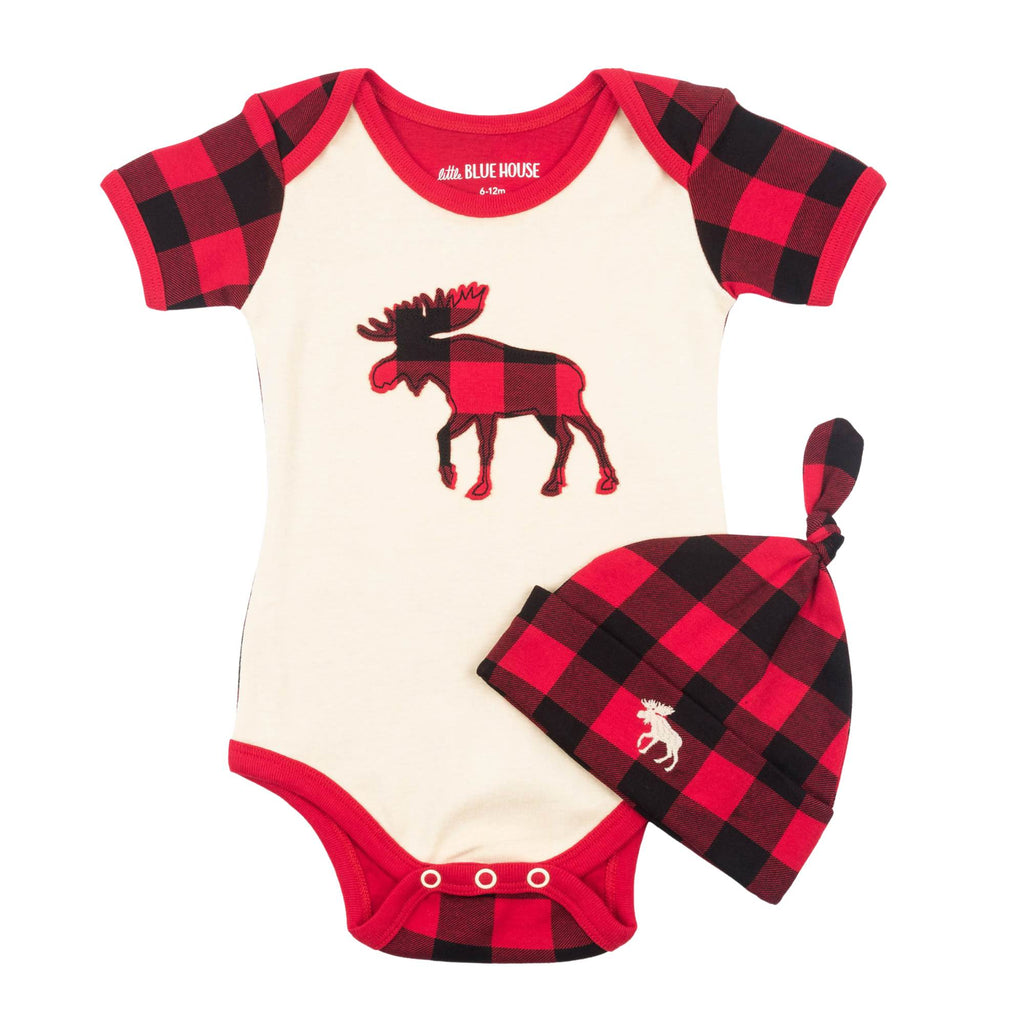 One Piece Pajamas for Babies Moose on Red – Artisans Canada