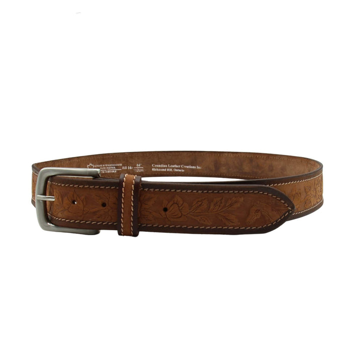 Ceinture à motif floral brune en cuir de buffle par Canadian Leather vue de devant