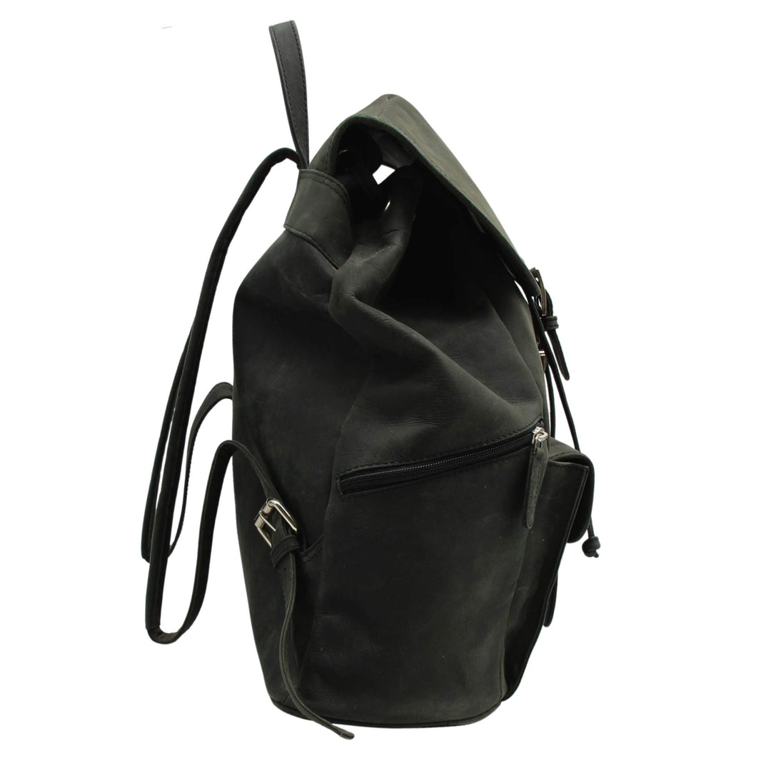 Sac à dos Canadian Leather en cuir de bison noir avec fermoir métallique vu de côté