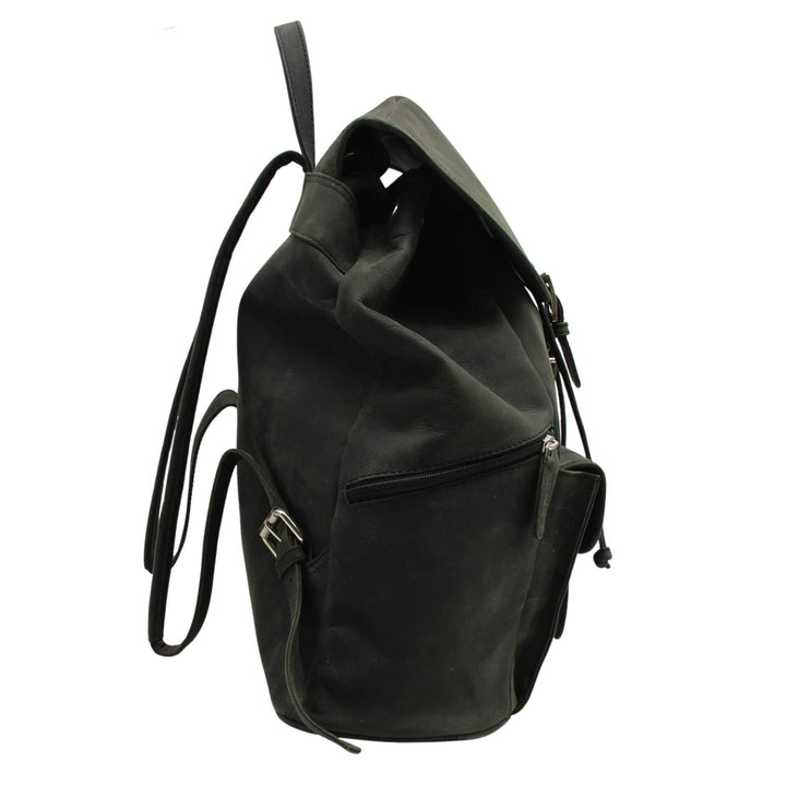 Sac à dos Canadian Leather en cuir de bison noir avec fermoir métallique vu de côté