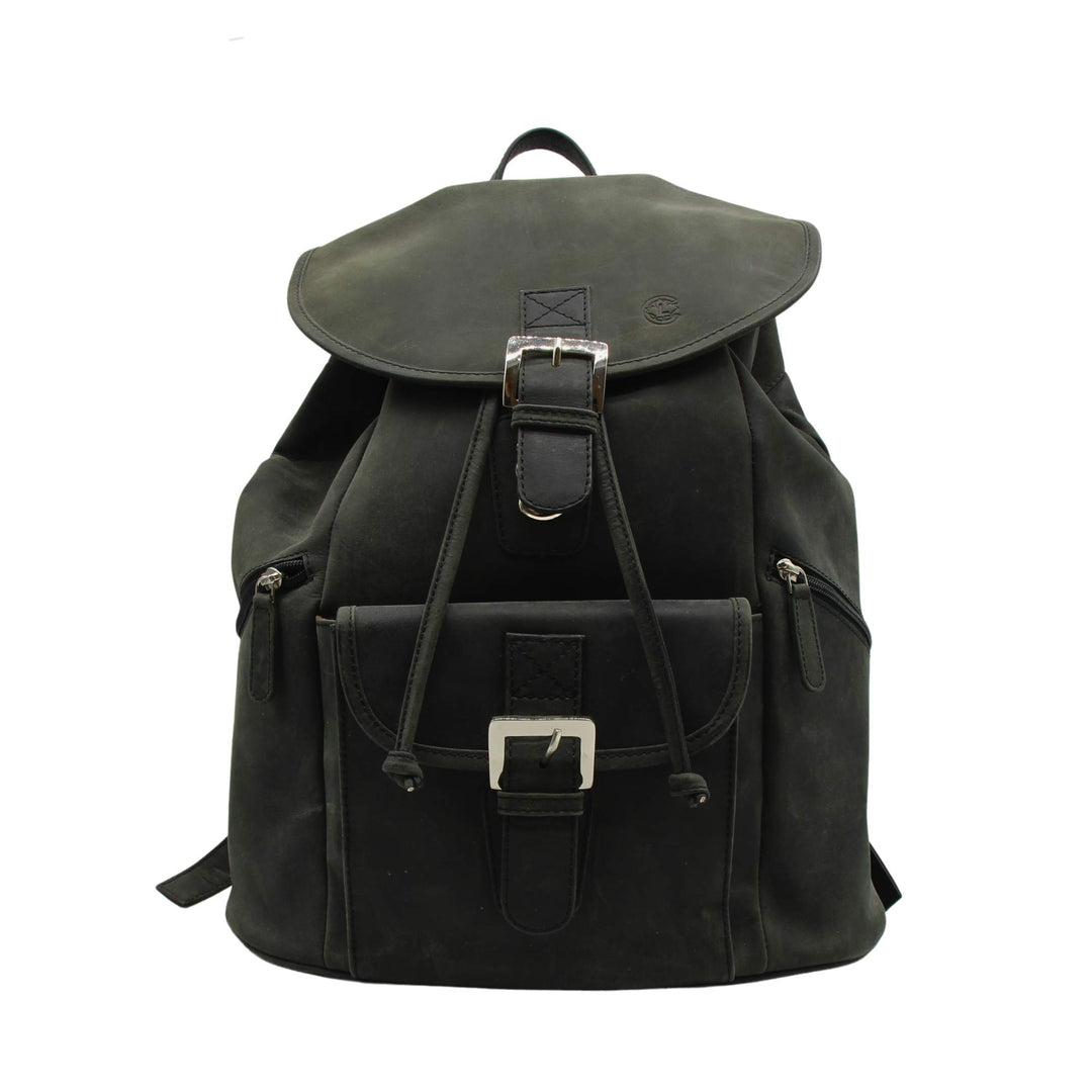 Sac à dos Canadian Leather en cuir de bison noir avec fermoir métallique vu de devant