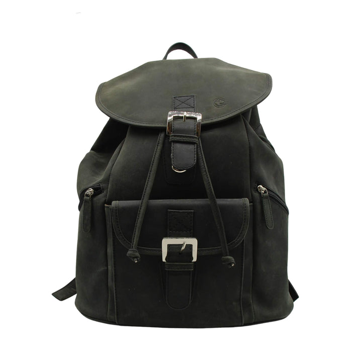 Sac à dos Canadian Leather en cuir de bison noir avec fermoir métallique vu de devant