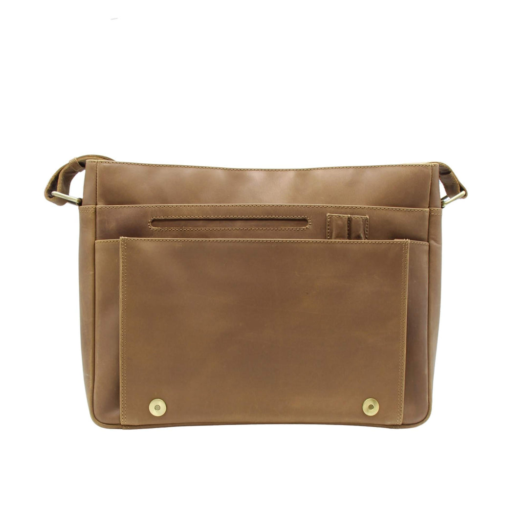 Sac messager ouvert avec pochette en cuir de buffle par Canadian Leather vu de devant