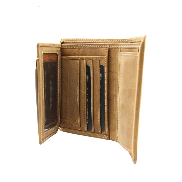 Portefeuille en cuir de buffle brun vertical par Canadian Leather avec le flip ouvert