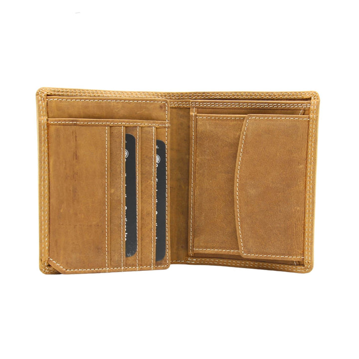 Portefeuille en cuir de buffle brun vertical par Canadian Leather ouvert