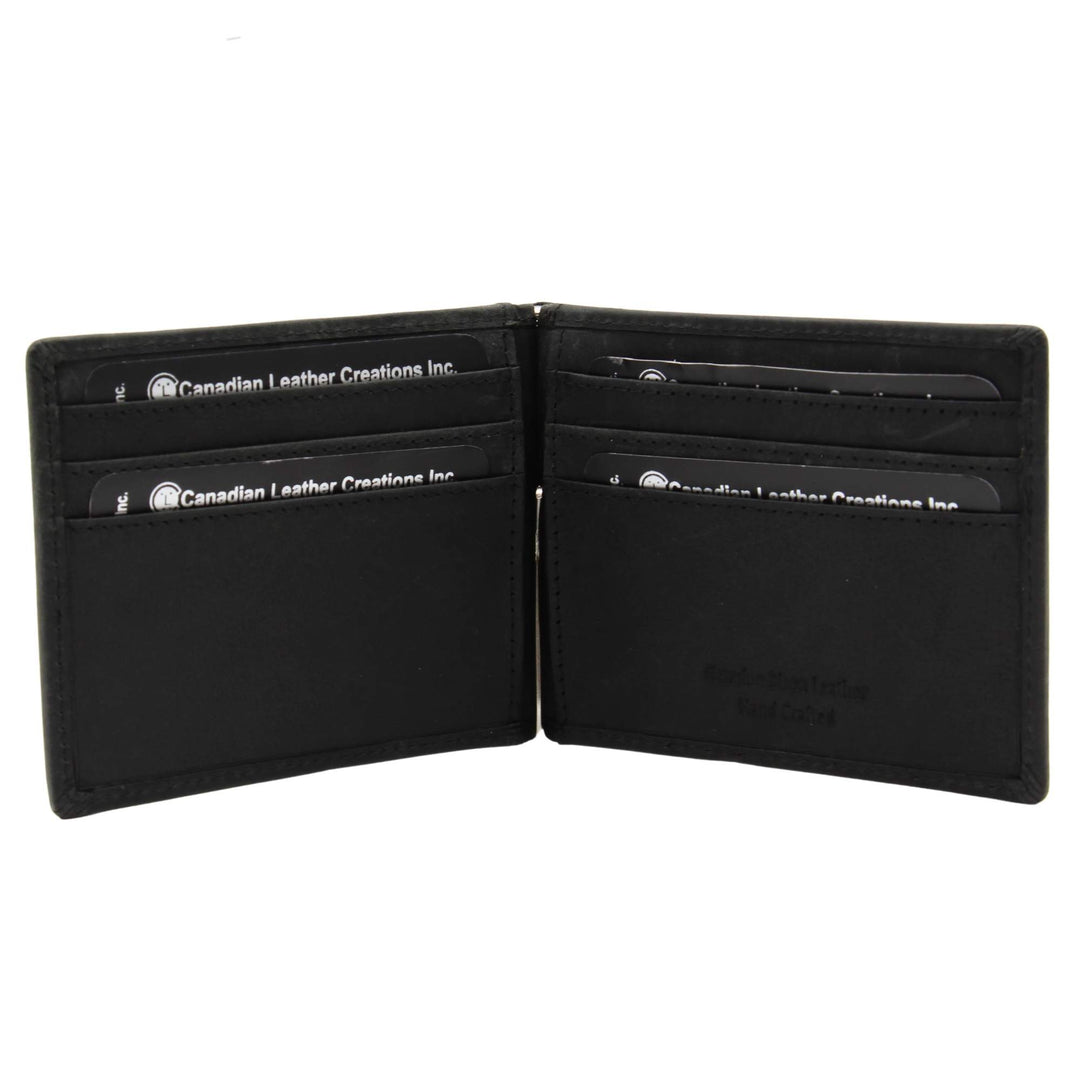 Portefeuille noir en cuir avec porte-cartes par Canadian Leather vu de l'intérieur