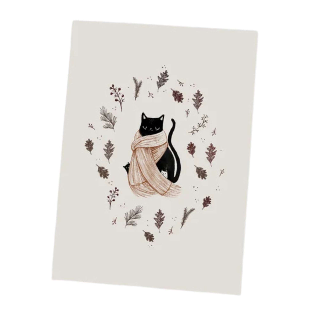 Carte de voeux avec un chat portant un foulard entouré de feuilles d'automne par Geneviève Andersen