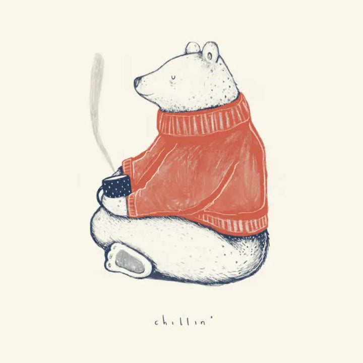 Illustration d'un ours polaire buvant un café par Geneviève Andersen