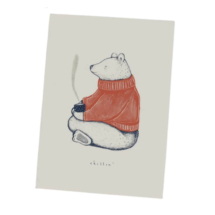 Carte de souhait avec un ours polaire buvant un café par Geneviève Andersen