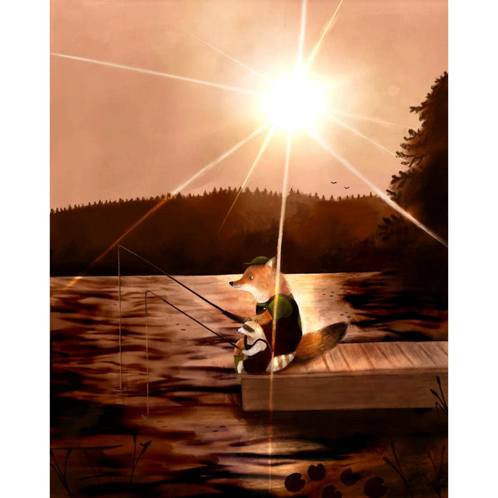 Illustration d'un renard qui pêche et un coucher de soleil par Geneviève Andersen