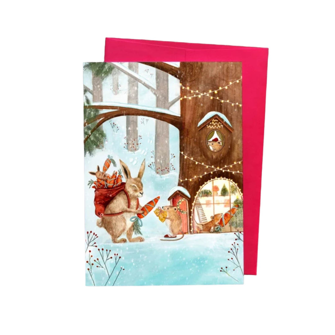 Carte de souhait avec un lièvre qui échange un cadeau avec une sourie par Geneviève Andersen