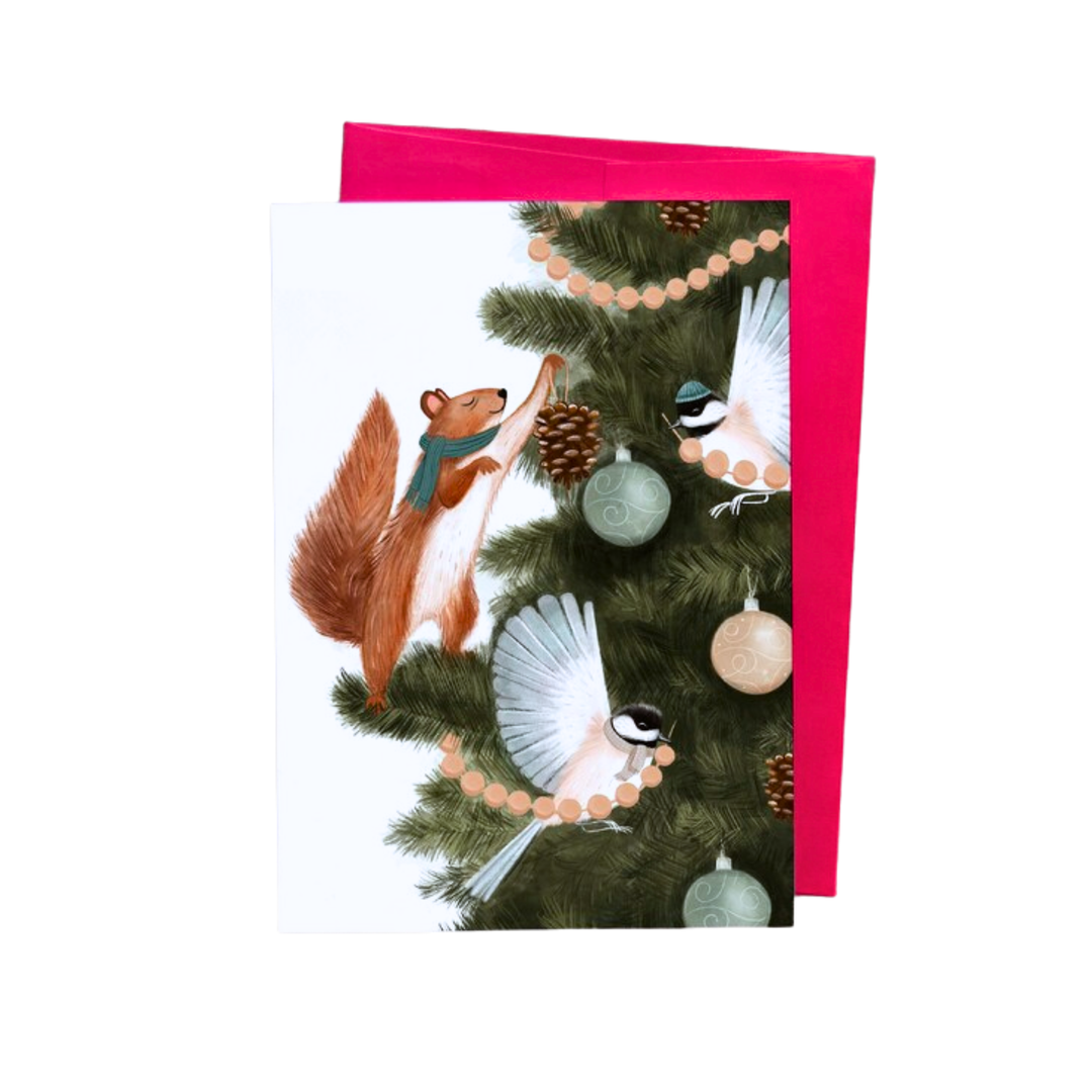 Carte de Noël avec animaux qui décorent un sapin par Geneviève andersen