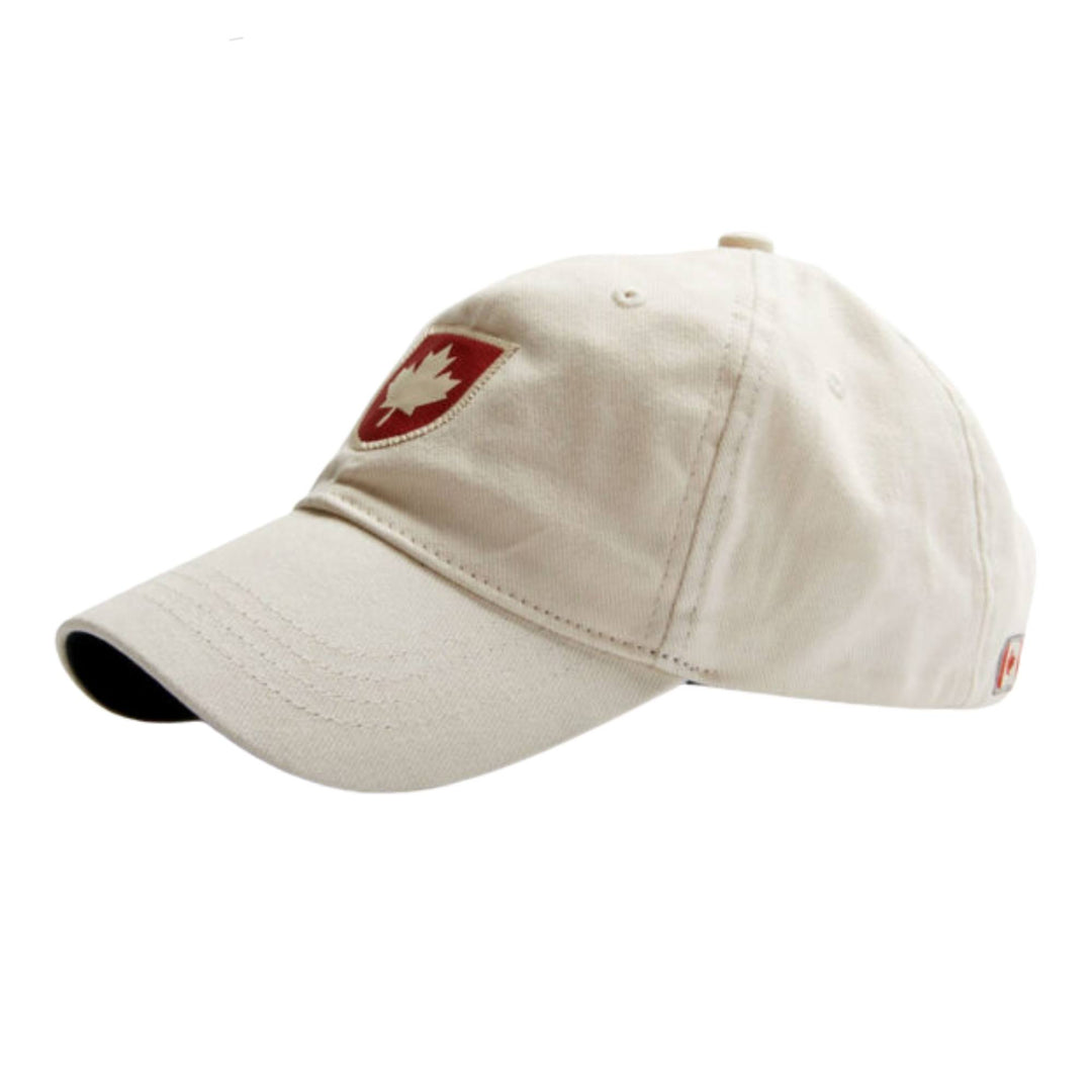 Casquette blanche avec feuille d'érable rouge canada shield par Red Canoe vue de côté