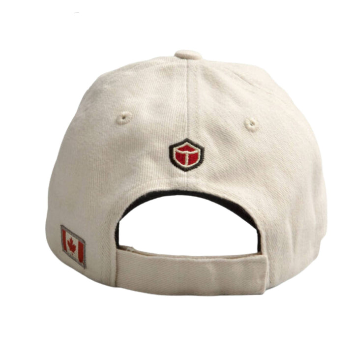 Casquette blanche avec feuille d'érable rouge canada shield par Red Canoe vue de derrière