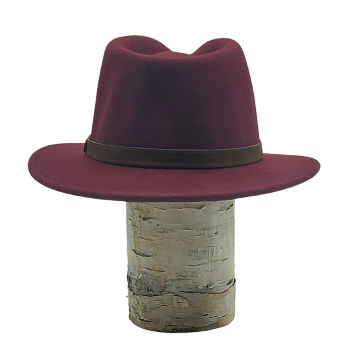 Chapeau fedora Canadian leather bordeaux sur une bûche avec boucle vu de derrière