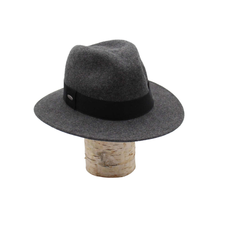 Chapeau fedora Fearn en laine gris avec un ruban noir déposé sur une bûche vu de 3/4