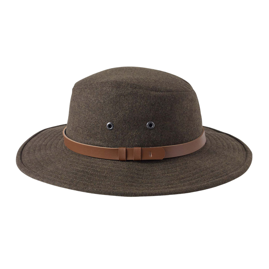 Chapeau en laine Tilley brun avec bande en cuir brune pâle vu de 3/4