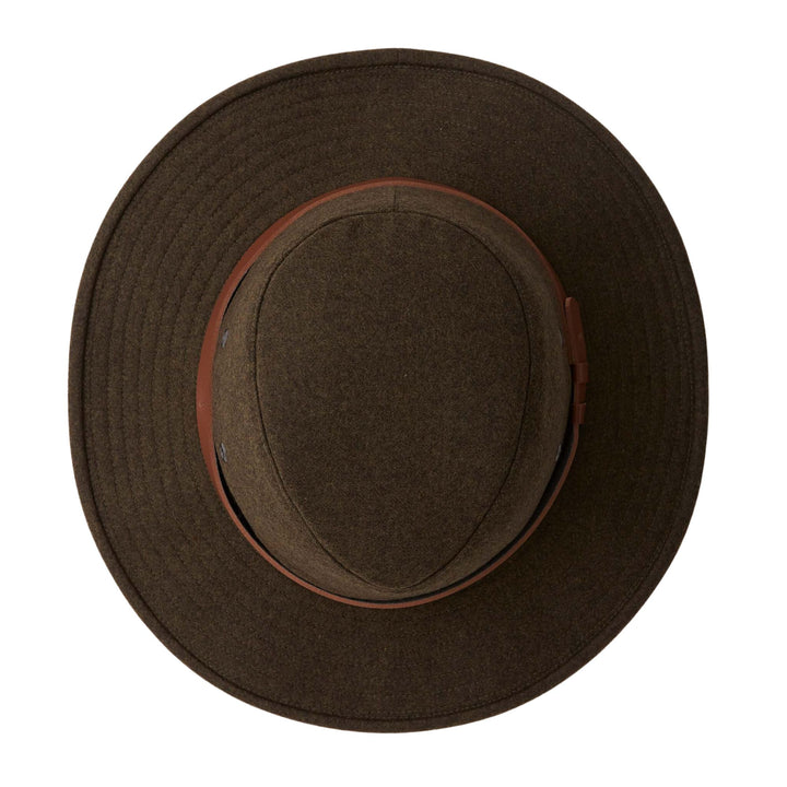 Chapeau en laine Tilley brun avec bande en cuir brune pâle vu de dessus