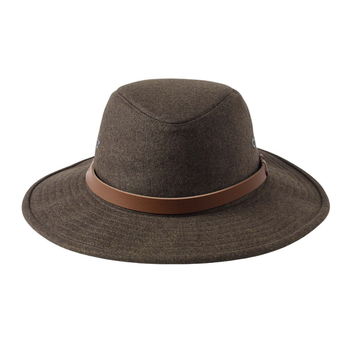 Chapeau en laine Tilley brun avec bande en cuir brune pâle vu de face