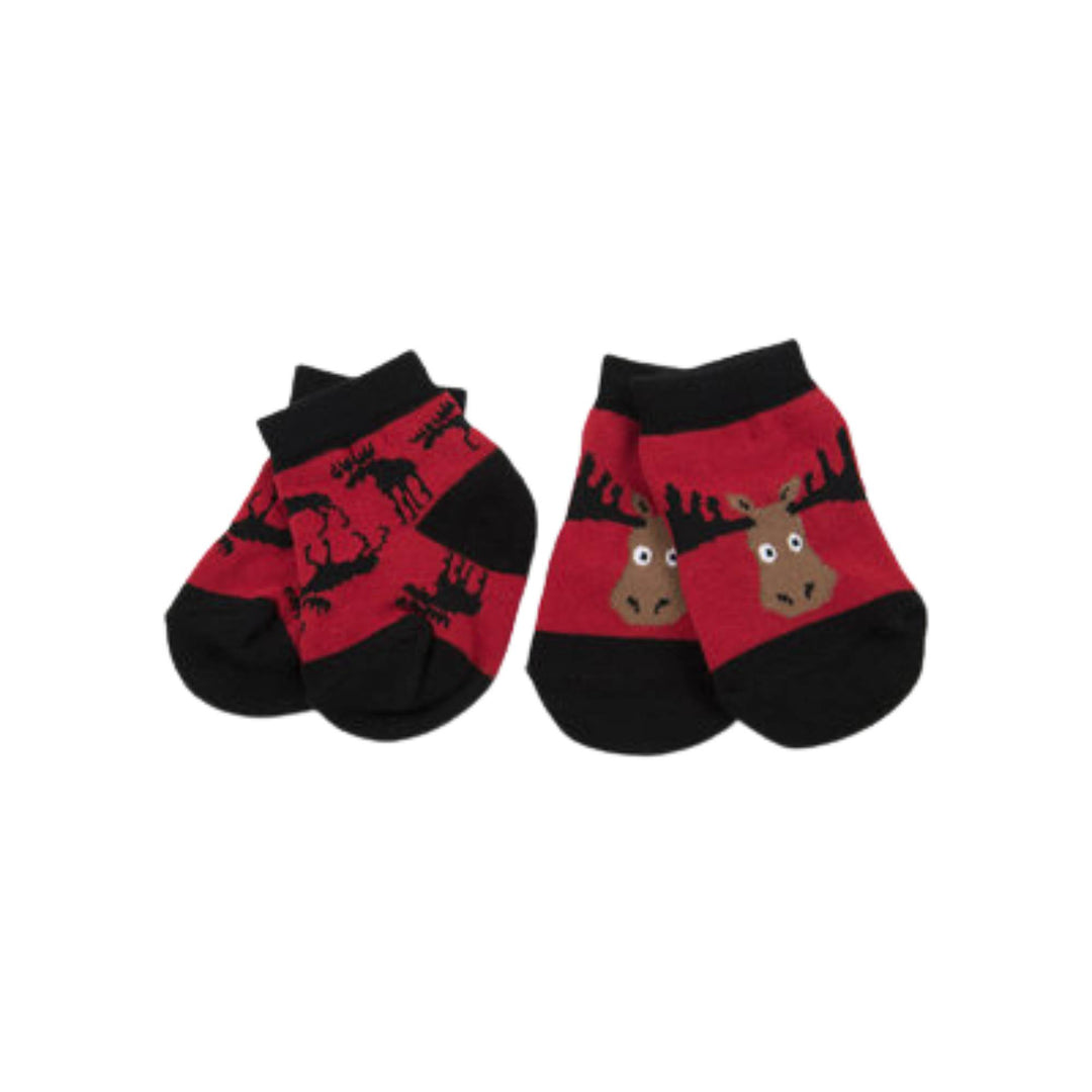 Deux paires de chaussettes pour bébé rouges et noirs avec motifs d'orignaux
