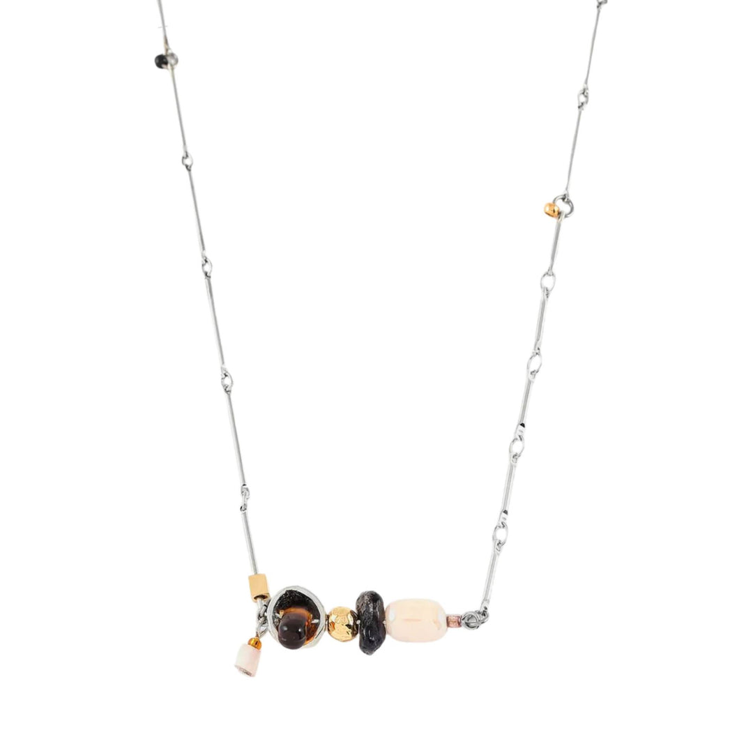 Collier avec chaîne argentée et verre coloré brun et rose Dardo par Anne-Marie Chagnon