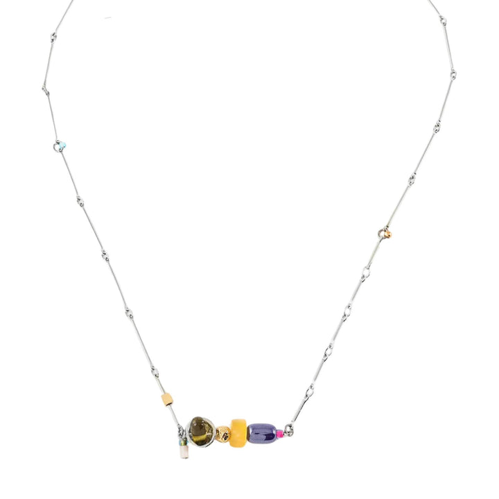 Collier Dardo avec chaîne argentée et verre coloré couleur tutti frutti par Anne-Marie Chagnon vu de dessus