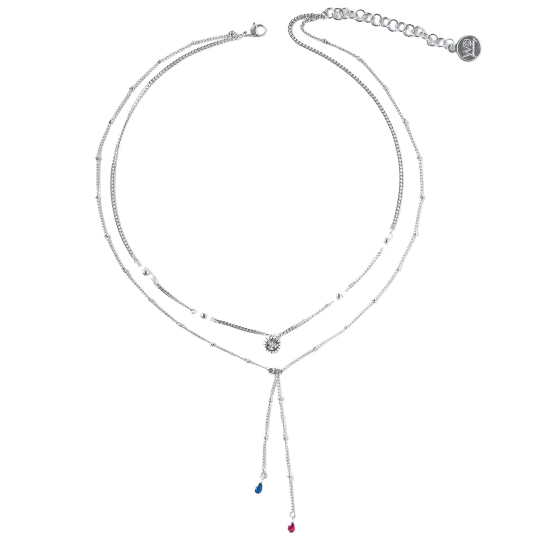 Collier à trois chaînes argentées avec pendentifs de lune, soleil et pierres bleues et rose par welldun