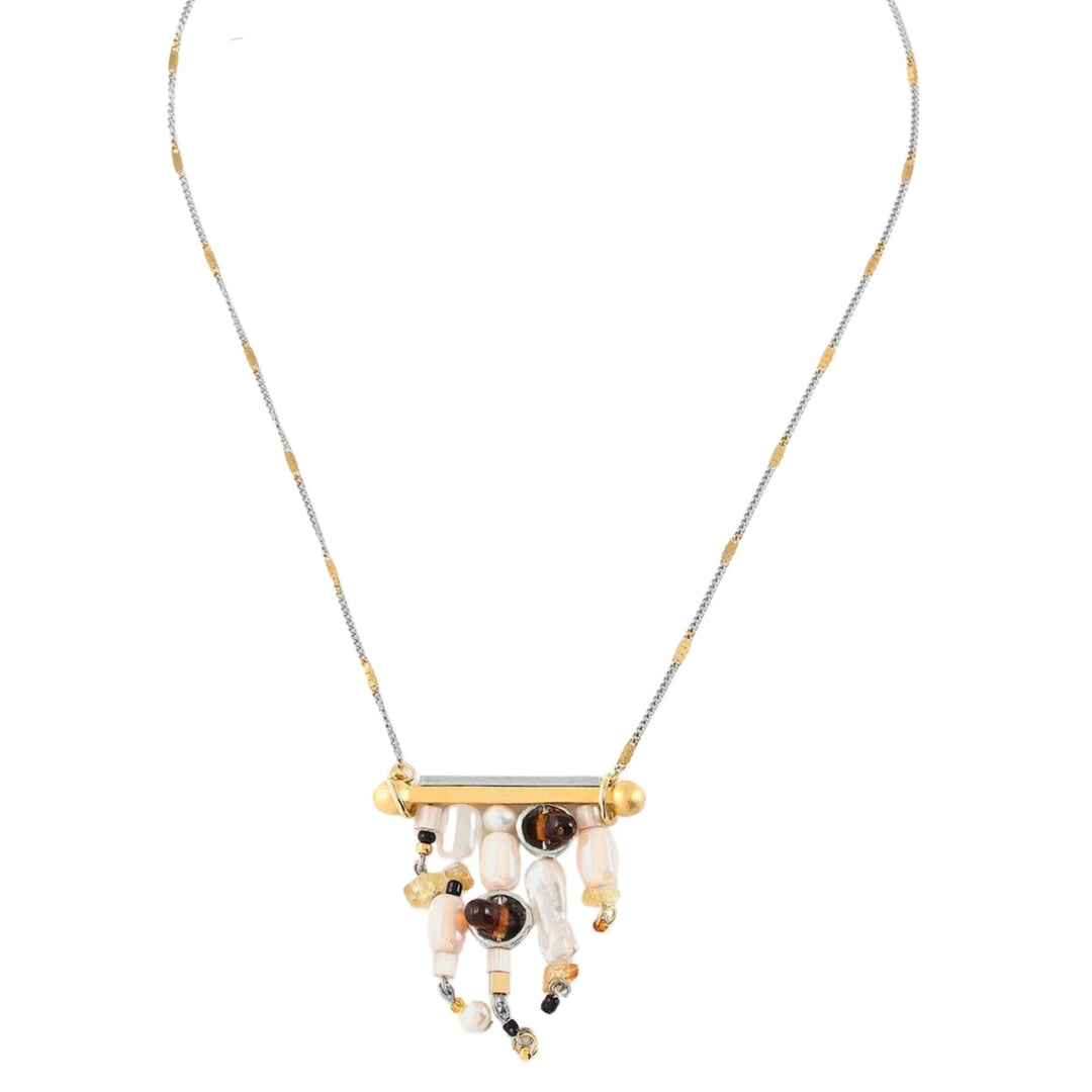 Collier Korala argenté et doré avec pierres brunes et roses par Anne-Marie Chagnon