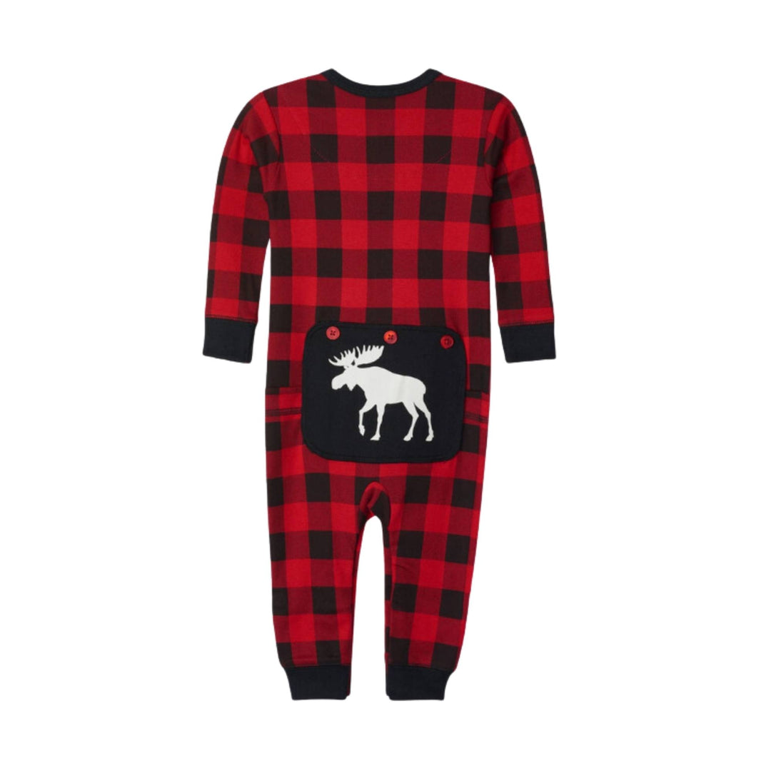 Dos de la Combinaison pour  bébés tartan rouge et noire avec motif d'orignal blanc