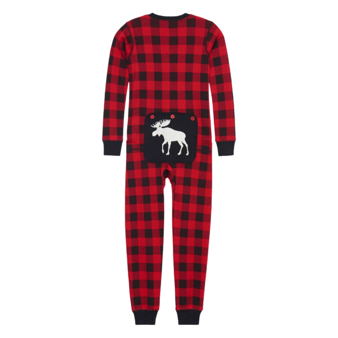 Dos de la Combinaison pour enfants tartan rouge et noire avec motif d'orignal blanc