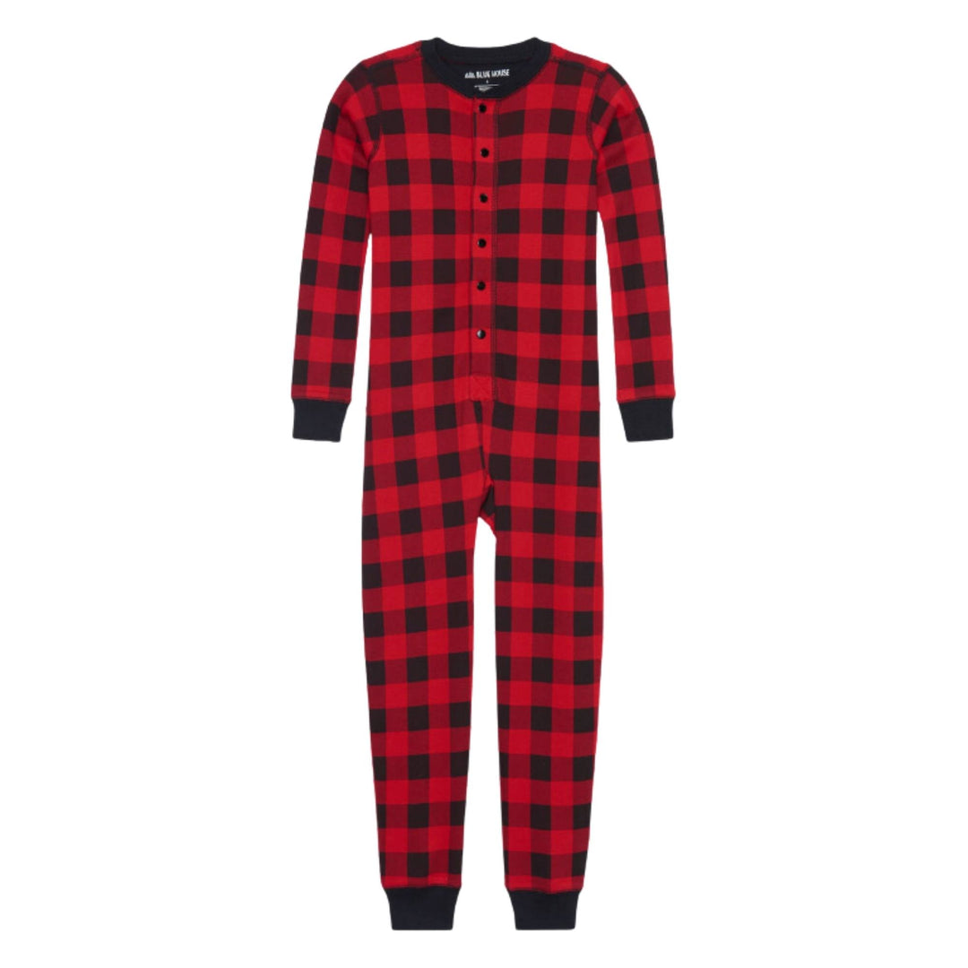 Devant de la Combinaison pour enfants tartan rouge et noire avec motif d'orignal blanc