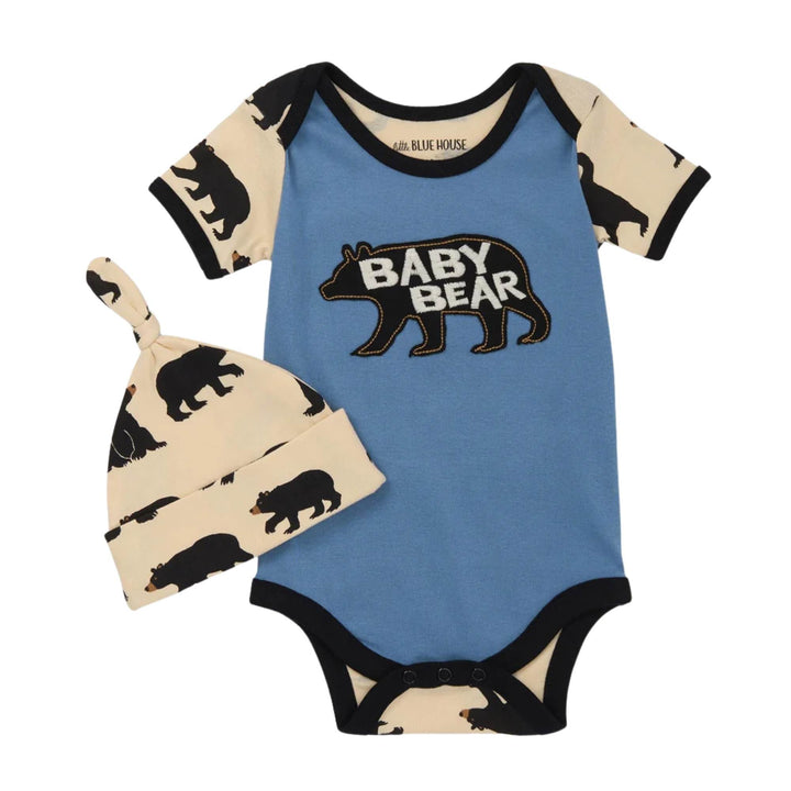 Combinaison pour bébé bleue avec motif d'ours par La petite maison bleue vue de devant