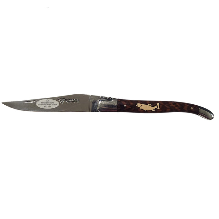 Couteau Laguiole en Aubrac ouvert avec manche en amourette et marqueterie en ivoire