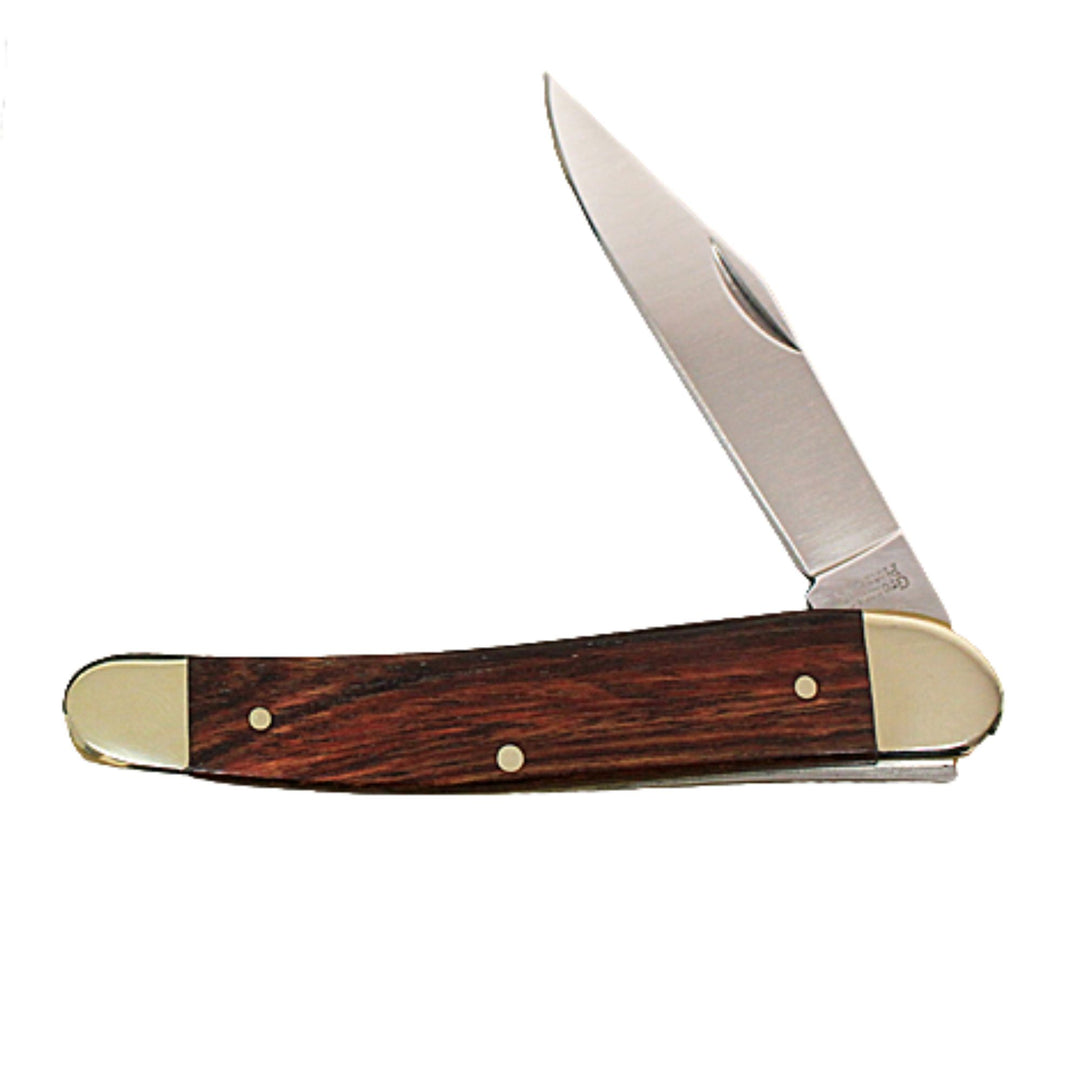 Couteau de poche Grohmann avec manche en bois de rose à moitié ouvert avec mitres en laiton