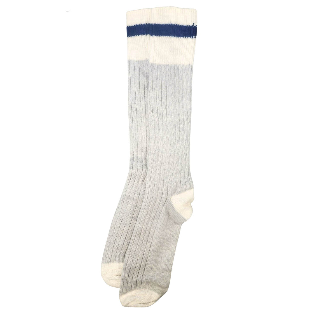 Chaussettes en laine merino grises et blanches avec ligne bleue foncée par Joysleigh