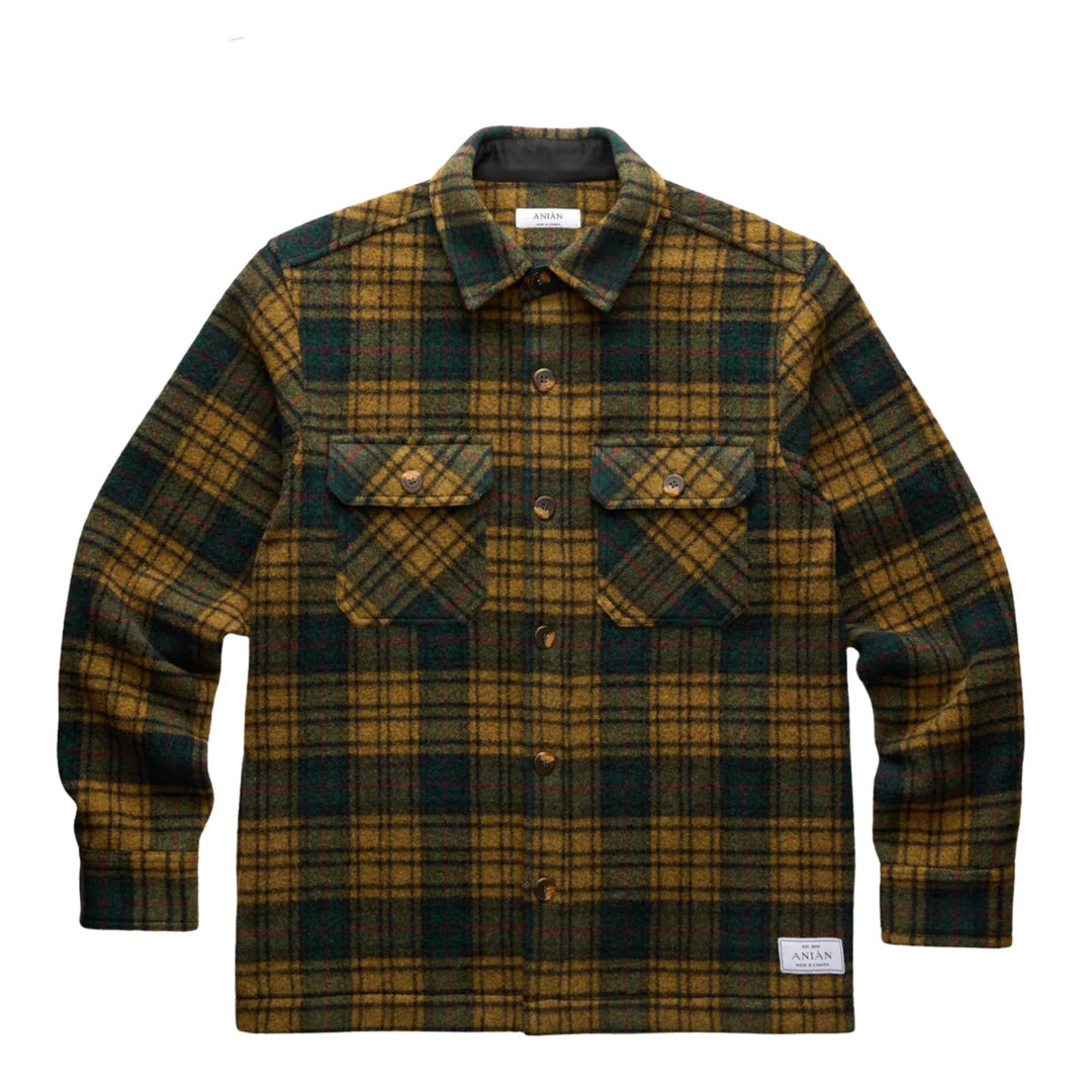 Manteau de laine verte et jaune par Anian vu de devant