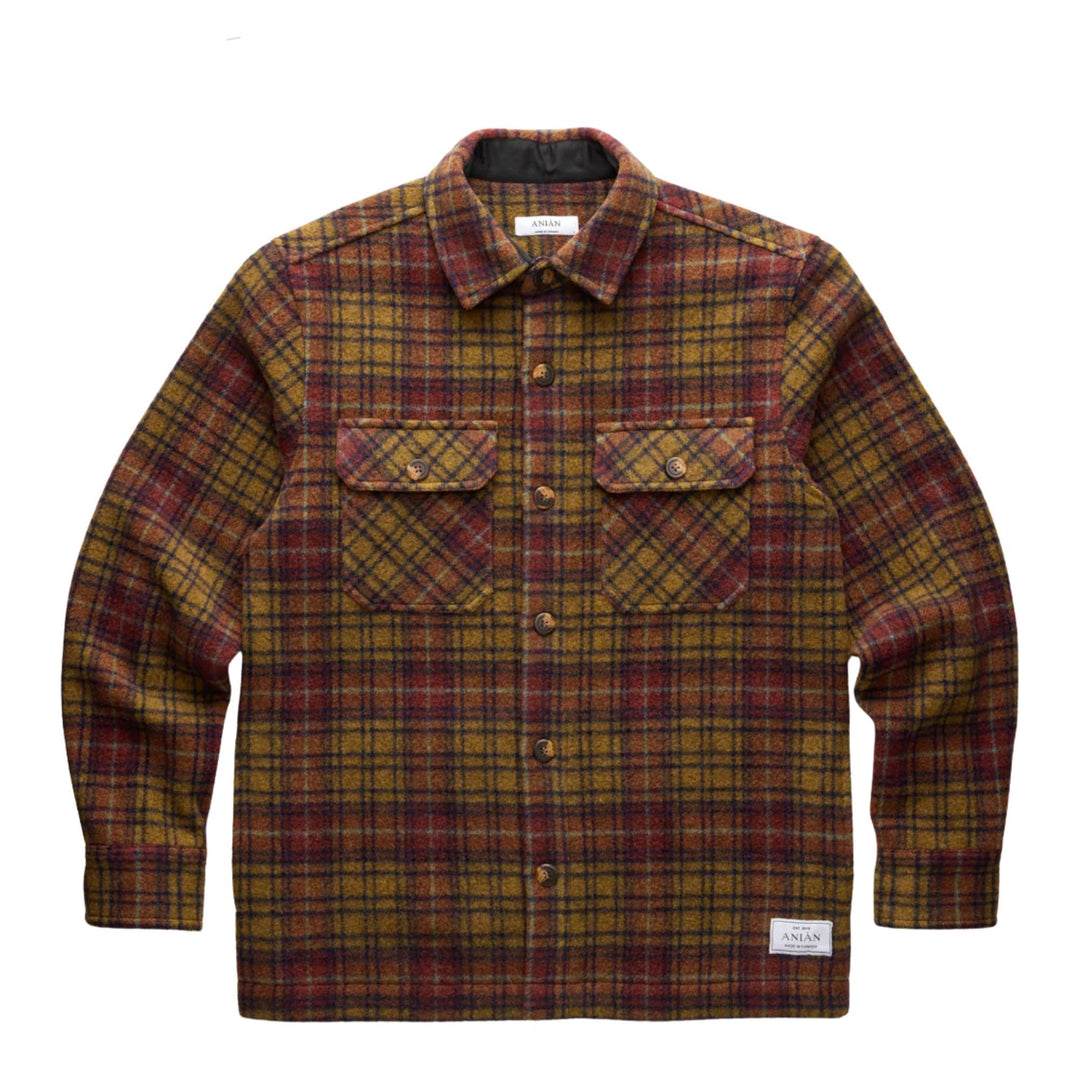 Manteau de laine rouge et jaune par Anian vu de devant