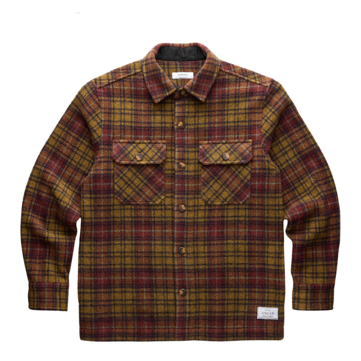 Manteau de laine rouge et jaune par Anian vu de devant