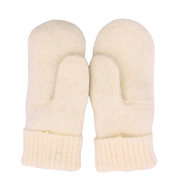 Mitaines blanches en laine avec pompom de fourrure par Fourrures Audet vues de dessous