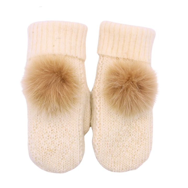 Mitaines blanches en laine avec pompom de fourrure par Fourrures Audet vues de dessus