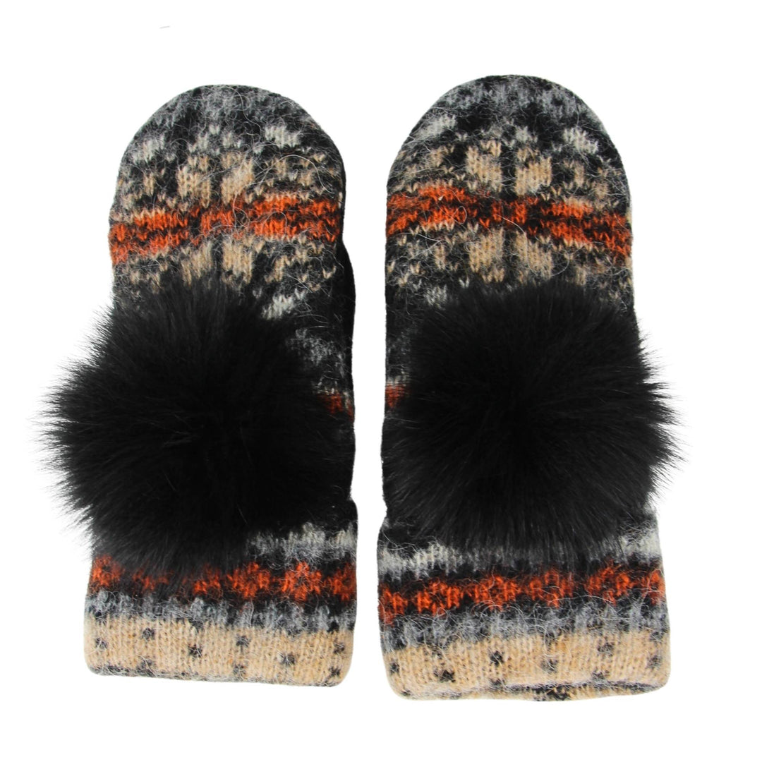 Mitaines en laine islandaises noires et oranges avec un pompom noir vues de haut par Fourrures audet
