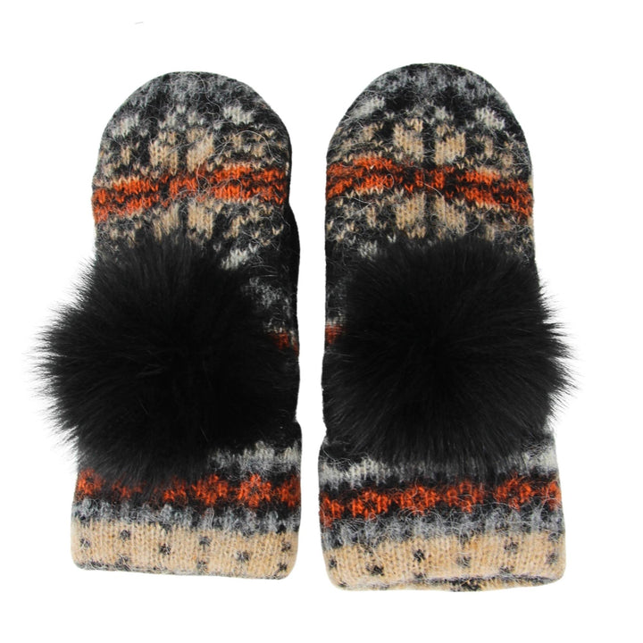 Mitaines en laine islandaises noires et oranges avec un pompom noir vues de haut par Fourrures audet