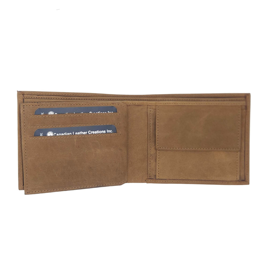 Portefeuille en cuir de buffle brun w502 par Canadian Leather avec le rabat ouvert