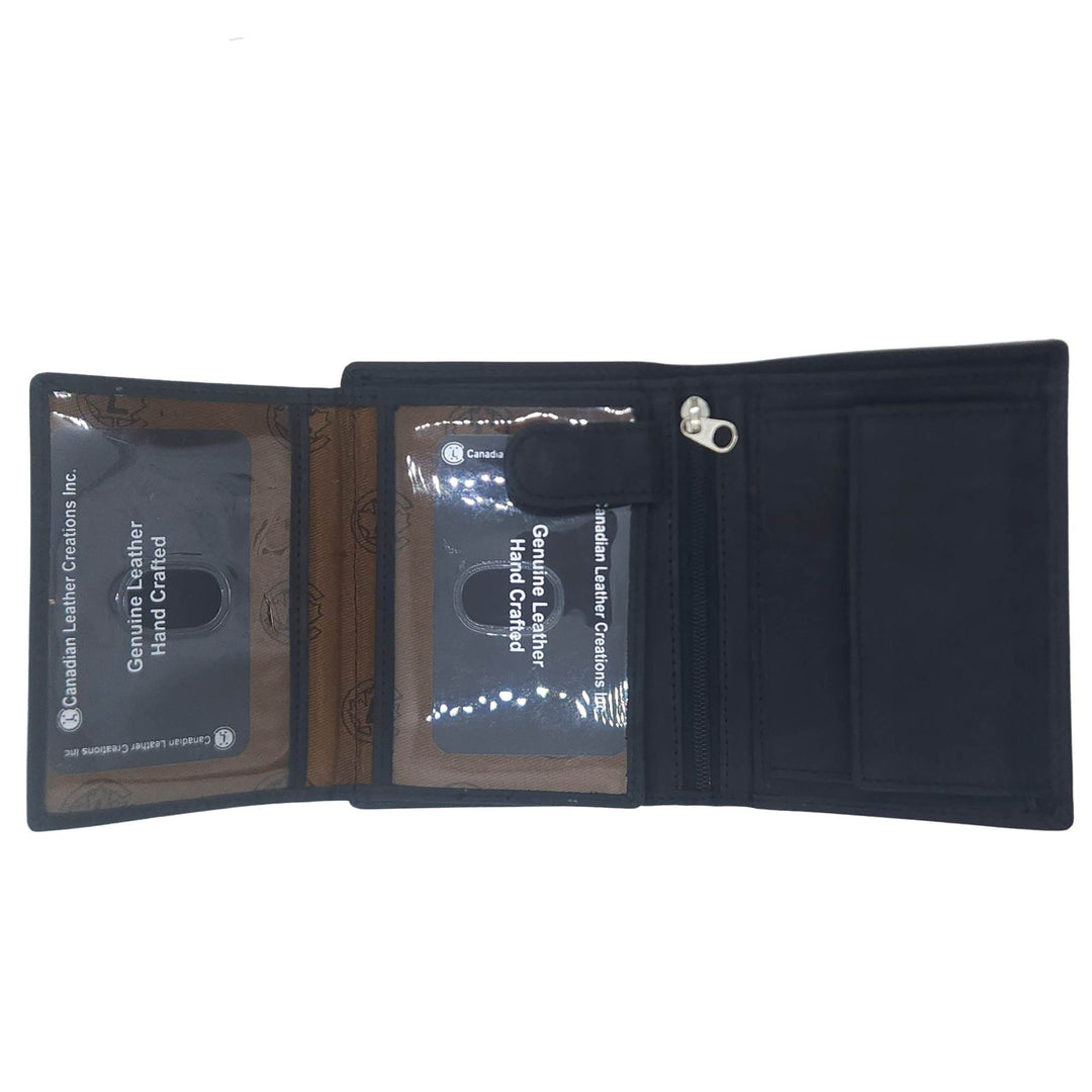 Portefeuille en cuir de buffle noir w503 par Canadian Leather avec rabat ouvert