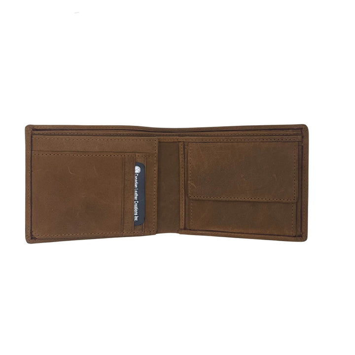 Portefeuille en cuir de buffle brun 505 par Canadian Leather ouvert