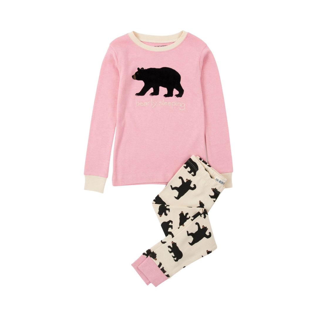 Pyjama rose avec pantalon blancs à motif d'our noirs pour enfant par La petite maison bleue vu de devant